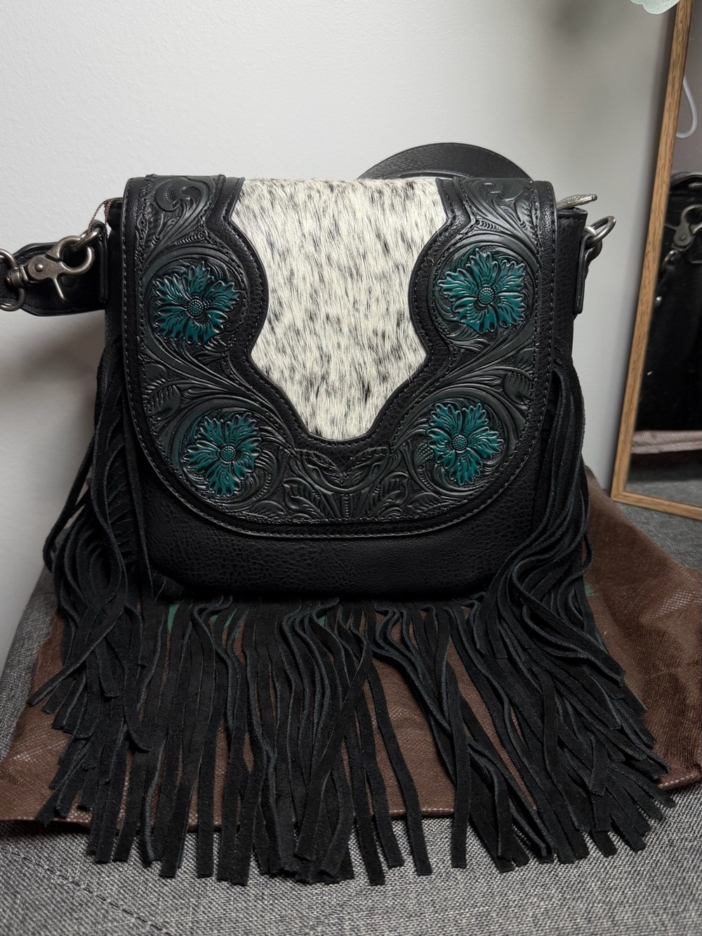 Trinity Ranch Tooled Leather Fringe Crossbody Bag